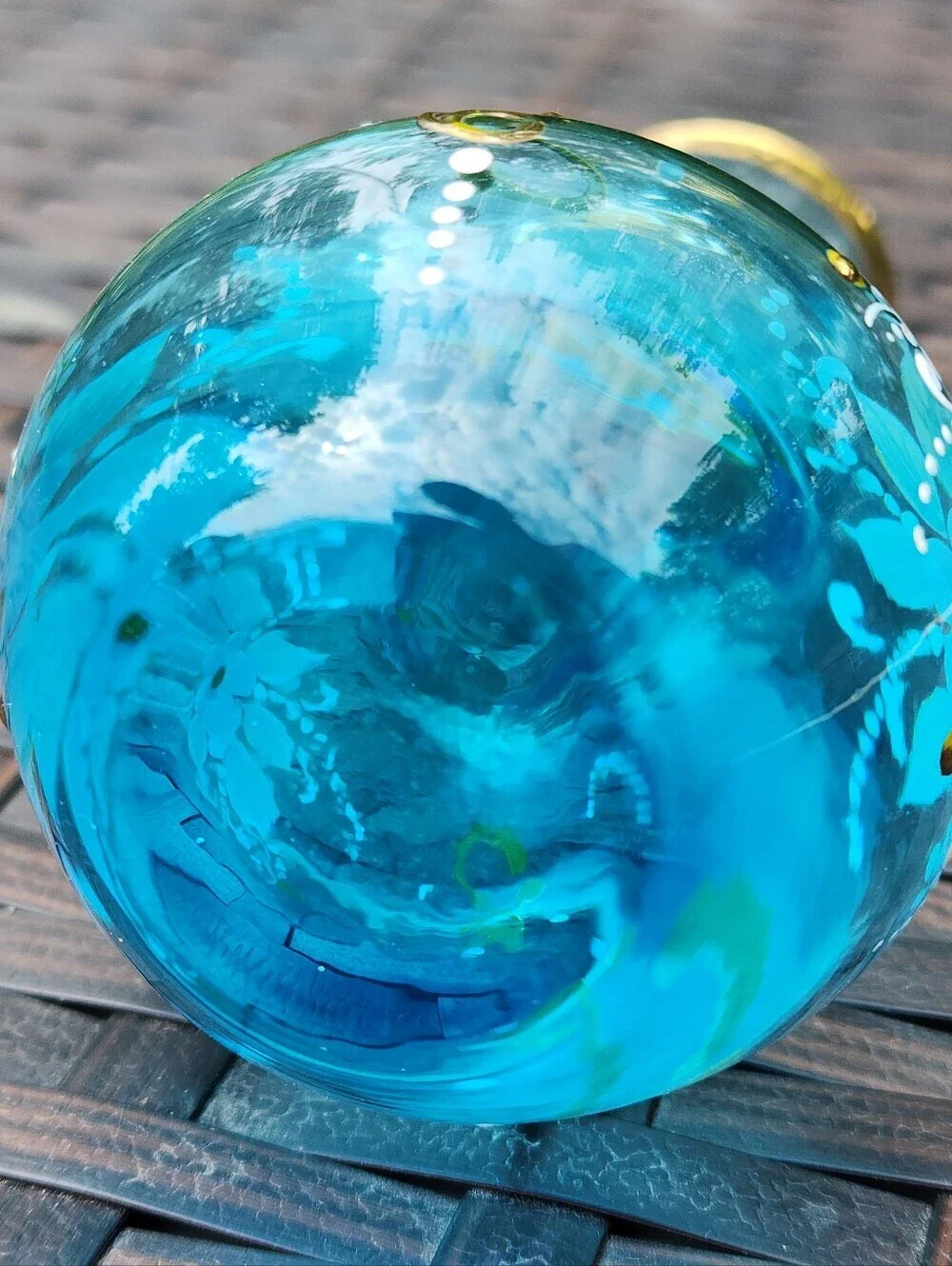 Vtg Glass Boho MCM Azure Blue Vase Hand painted Gold Embellishments Floral EUC
